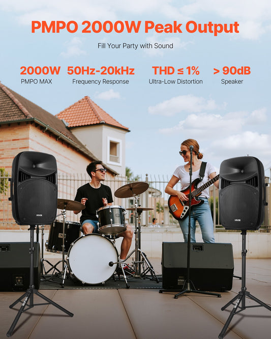 2 X 15 In Speakers Portable PA System 2000W Mixer Bluetooth Mic For DJ Party