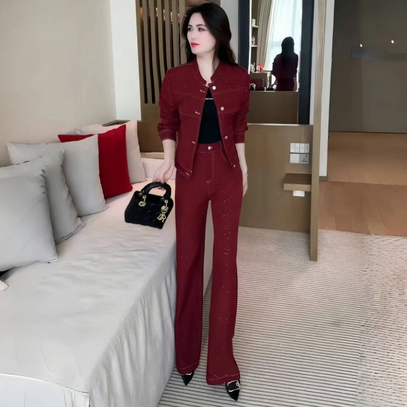 Cropped Standup Collar Jacket And Highwaisted Pants Twopiece Set