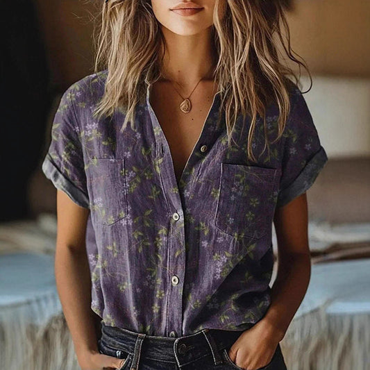 Plant-print Short-sleeve V-neck Shirt