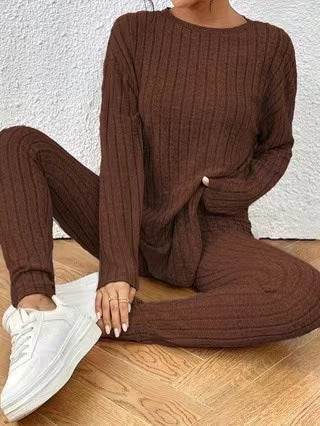 Fashion Casual Long Sleeve Split Irregular Round-neck Shirt Trousers Suit