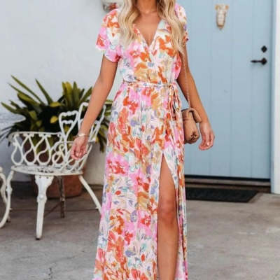 Fashion Printed Short Sleeve Lace-up Dress Women's Clothing