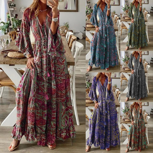 Bohemian Flare Sleeve Printed V-neck High Waist Holiday Dress Floral Female Dress