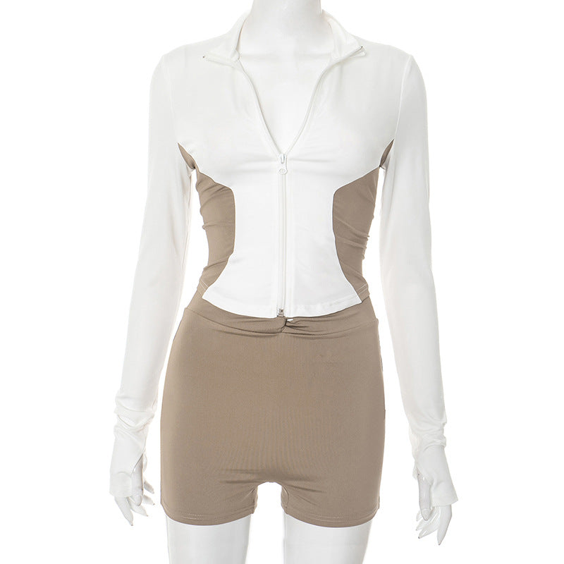 Stand Collar Color Contrast Patchwork Long Sleeve Shorts Two-piece Suit