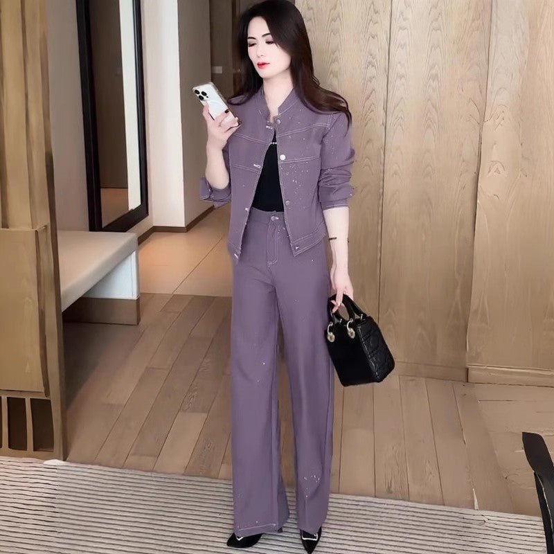 Cropped Standup Collar Jacket And Highwaisted Pants Twopiece Set