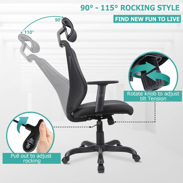 Ergonomic Office Chair With Adjustable Headrest And Armrest, Mesh Swivel Desk Chair With Storage Function For Work, Gaming