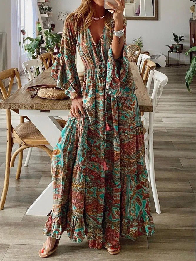 Bohemian Flare Sleeve Printed V-neck High Waist Holiday Dress Floral Female Dress
