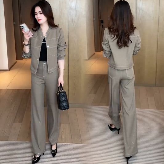 Cropped Standup Collar Jacket And Highwaisted Pants Twopiece Set