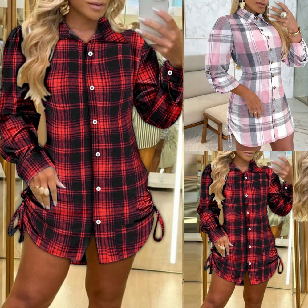 Two-side Drawstring Plaid Shirt Dress Women's Clothing