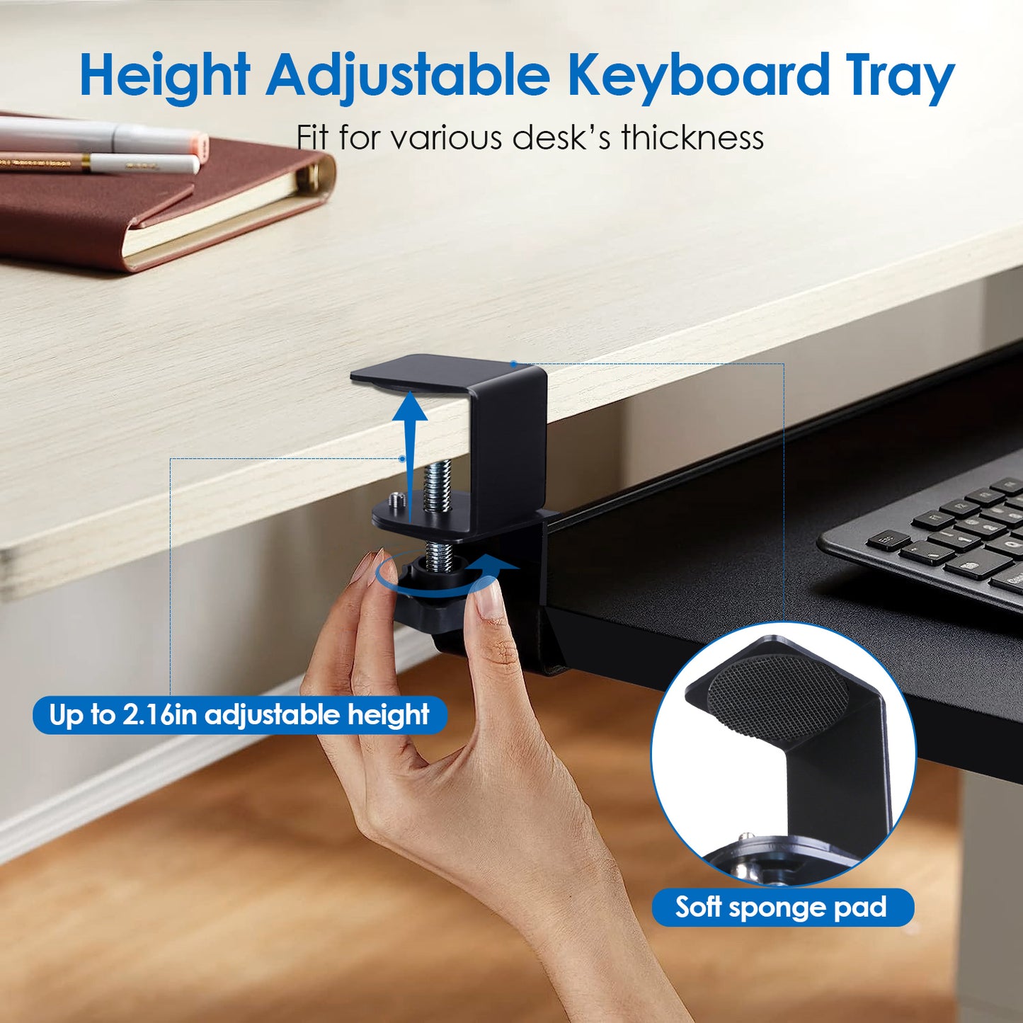 1Pc 25.59x9.64x0.51in Keyboard Mouse Tray Under Desk Retractable Slide Out Drawer Height Adjustable With C Clamp 55LBS Load