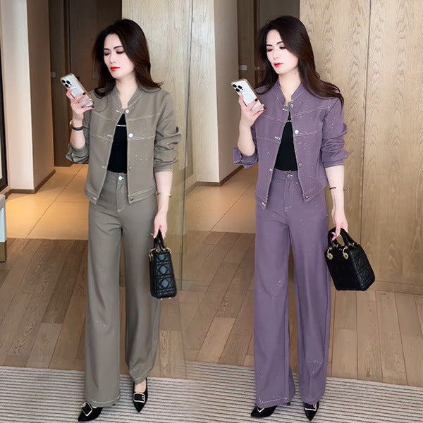 Cropped Standup Collar Jacket And Highwaisted Pants Twopiece Set