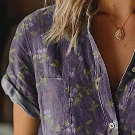 Plant-print Short-sleeve V-neck Shirt