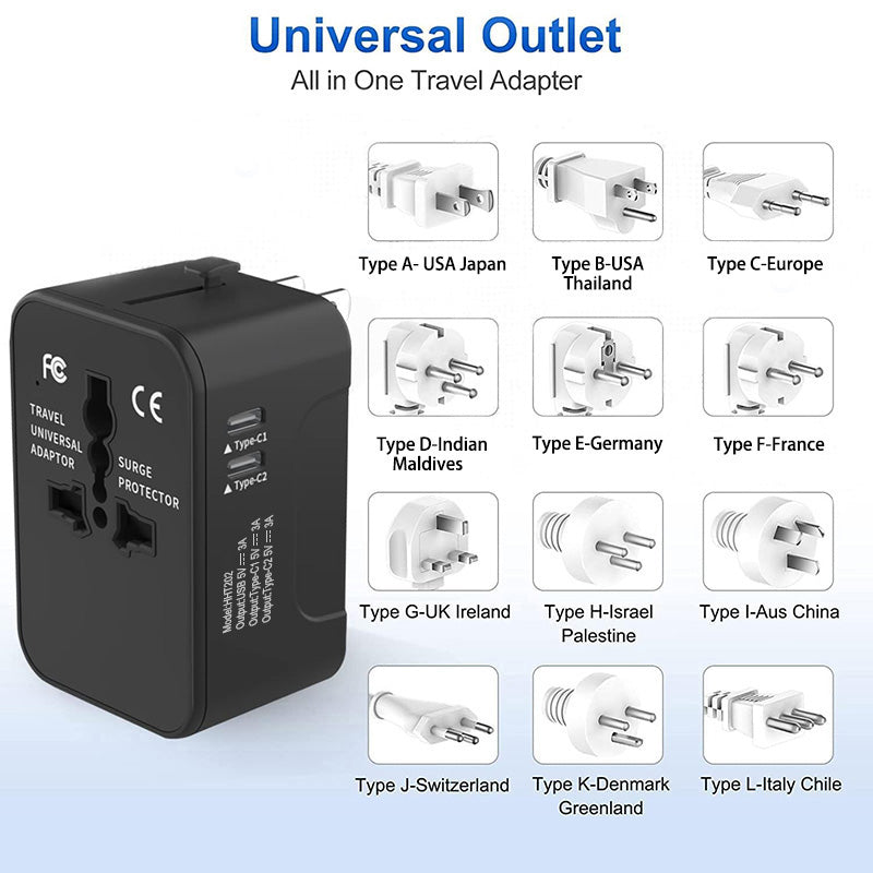 Travel Adapter Worldwide All In One International Power Adapter Universal Adapter Plug With 2.1A Dual USB Charging Ports For Asia Europe UK AUS And USA