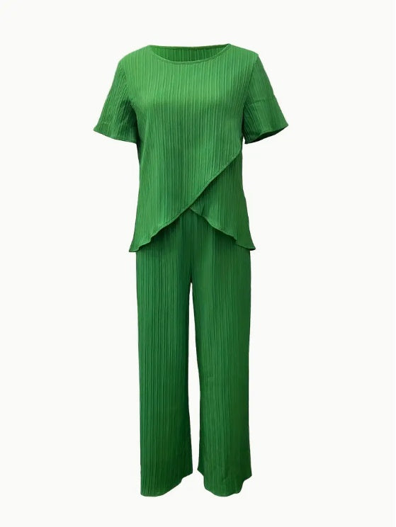 Women'S Elegant Solid Color Polyester 2pcs Set, Crew Neck Short Sleeve Top And Long Pants