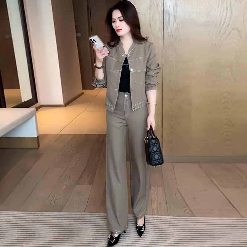 Cropped Standup Collar Jacket And Highwaisted Pants Twopiece Set