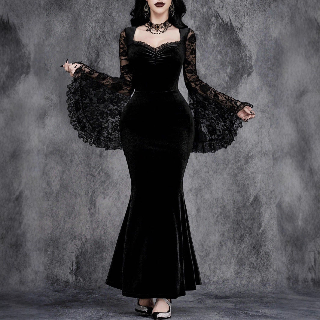 Lace-panelled Cinched-waist Dress With Flared Sleeves