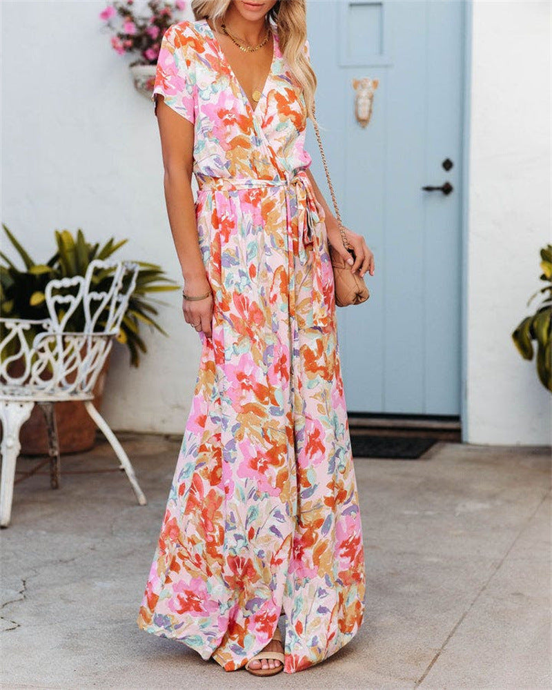 Fashion Printed Short Sleeve Lace-up Dress Women's Clothing