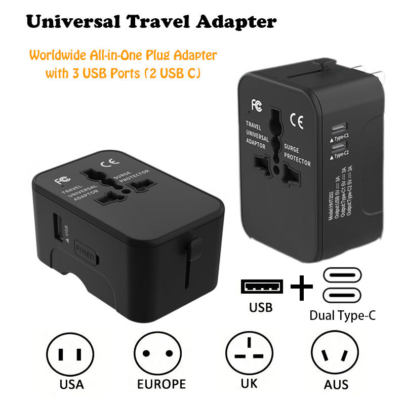 Travel Adapter Worldwide All In One International Power Adapter Universal Adapter Plug With 2.1A Dual USB Charging Ports For Asia Europe UK AUS And USA