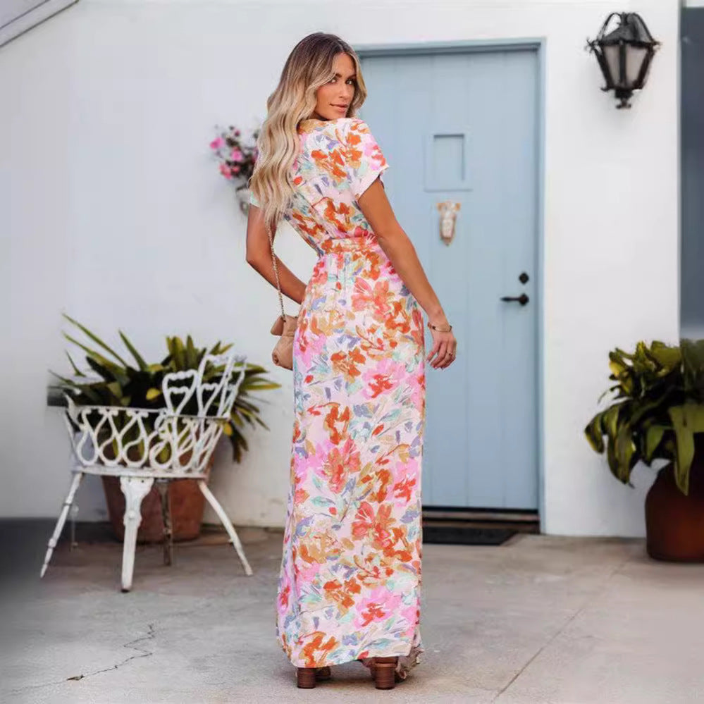 Fashion Printed Short Sleeve Lace-up Dress Women's Clothing