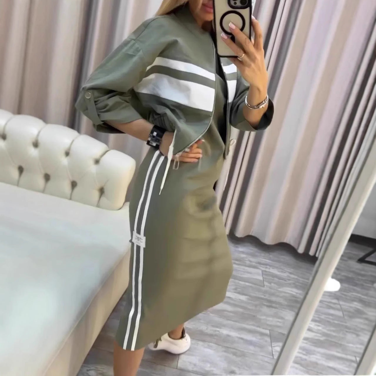 Casual Zipper White Stripe Edge Jacket Coat Dress Women's Suit