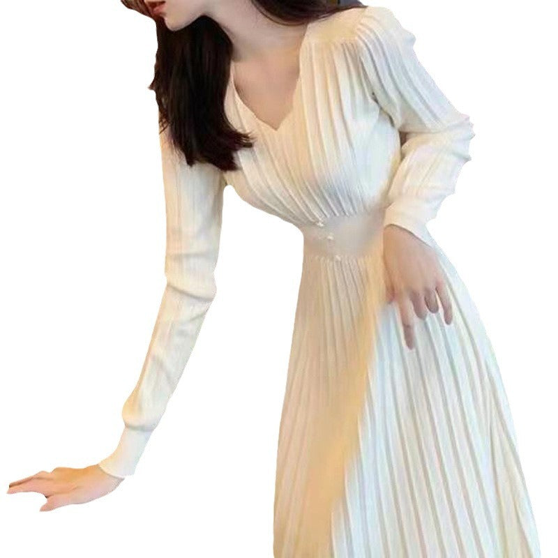 High-waisted Dress With V-neck Long Sleeve For Women